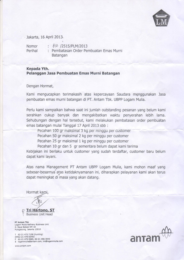 Surat Pengumuman Pembatasan Produksi LM Antam